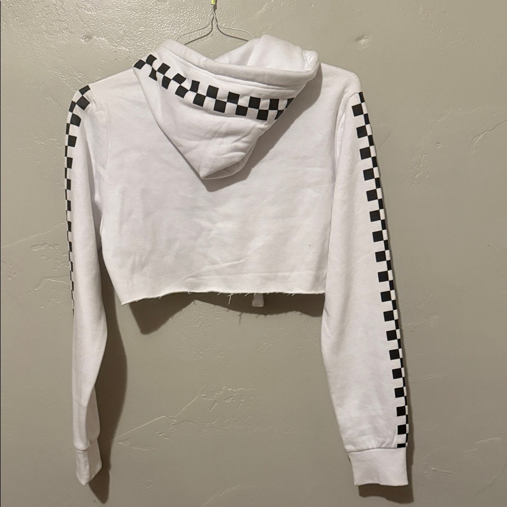 Reflex White Cropped Nebraska Hoodie with Black Checkered Sleeves Medium - Picture 6 of 8